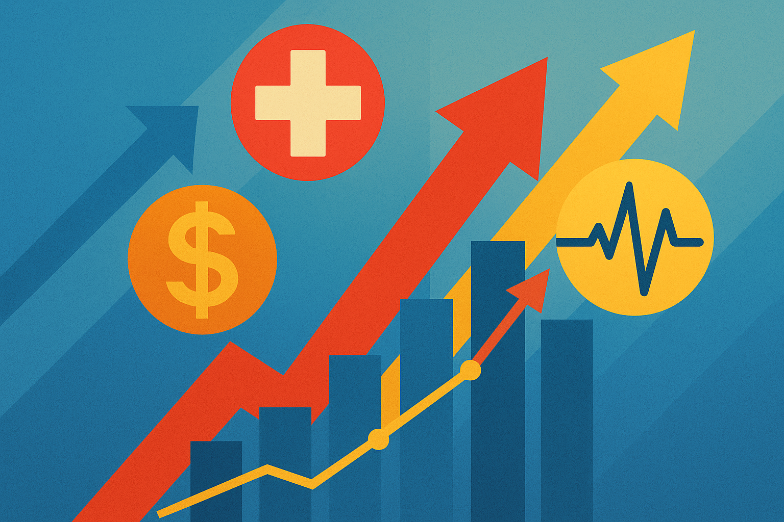Graphics of line charts, dollars symbols and medical symbols